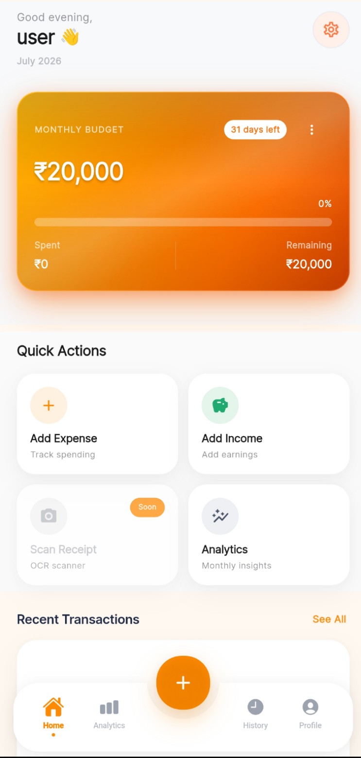 Budgetics app dashboard screenshot showing balance, income and expenses
