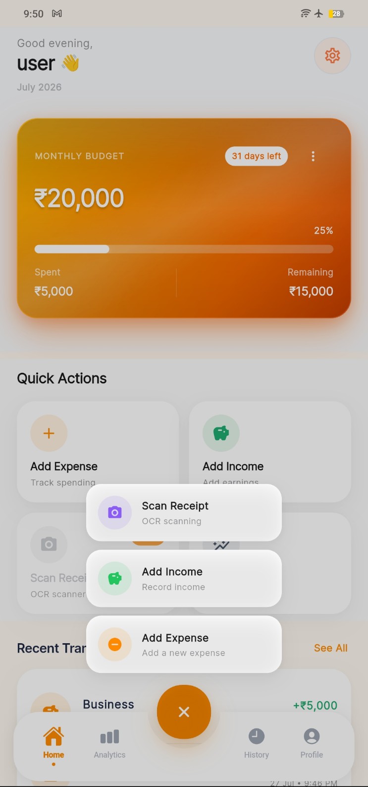 Budgetics home screen with the quick add menu open showing scan receipt, add income and add expense