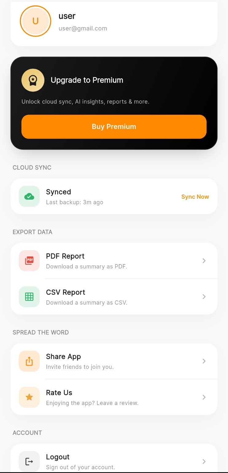 Budgetics profile screen with premium upgrade, cloud sync status and export options